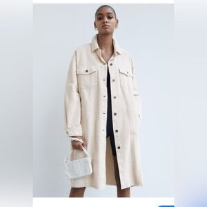 Zara Long Oversized Coduroy Coat in Cream - Women size XS equivalent to a size 2